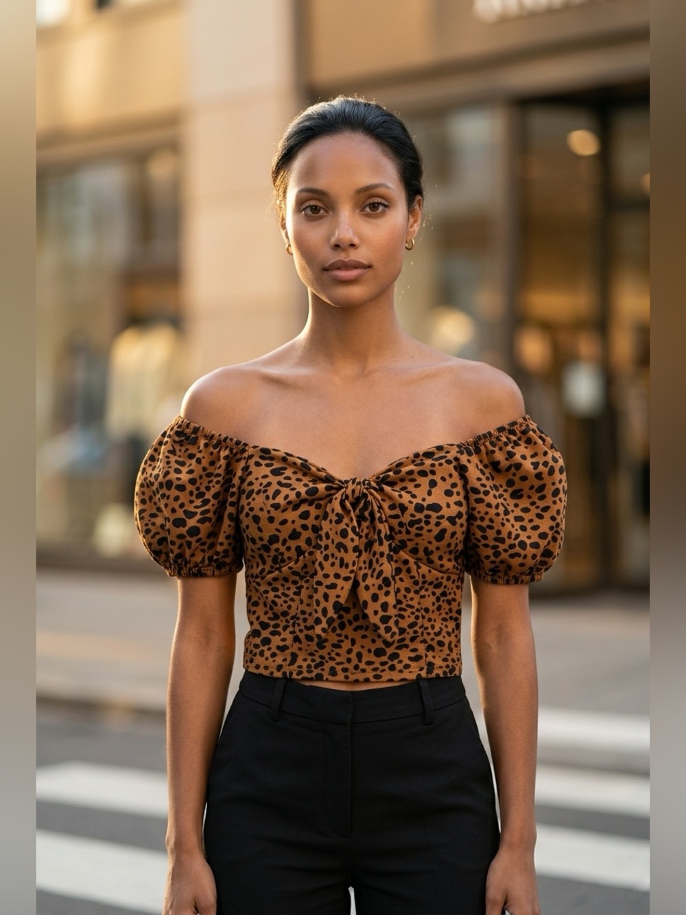 Leopard print Puff Sleeve Crop Top Blouse - Size Small
